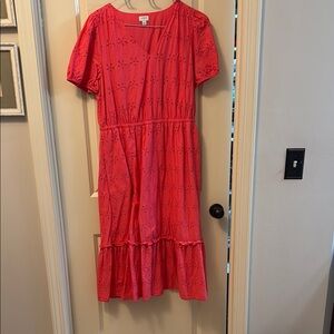 J. Crew Red Ruffled Tiered Midi Sundress with Puff Sleeves